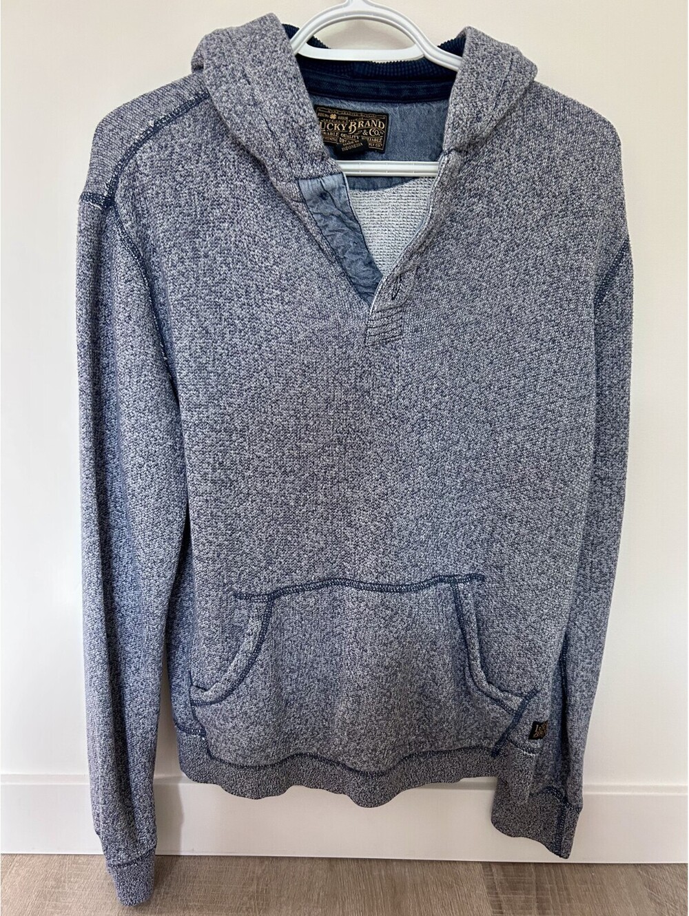 Lucky Brand Unisex S Navy Blue Knit Thermal Hoodie Pullover V-Neck 100% Cotton